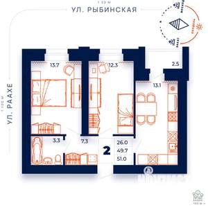 2-к квартира, строящийся дом, 51м2, 13/15 этаж