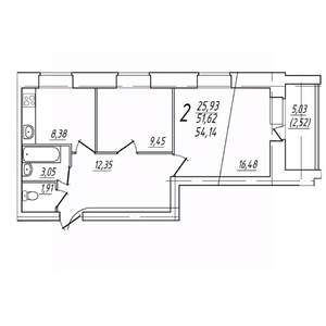 2-к квартира, вторичка, 54м2, 2/9 этаж