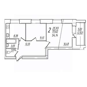 2-к квартира, вторичка, 54м2, 3/9 этаж