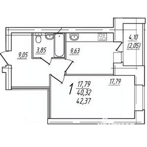 1-к квартира, вторичка, 42м2, 2/9 этаж